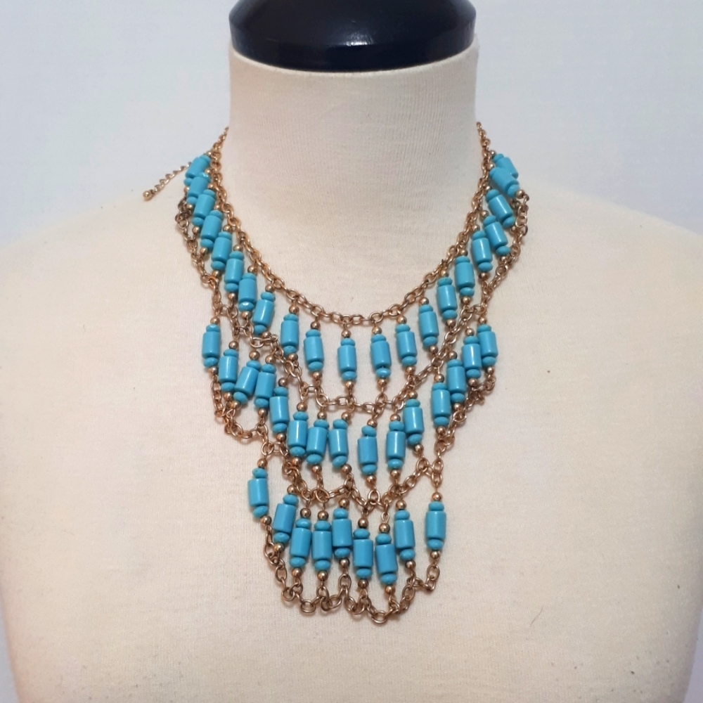 Goldtone Aqua Blue Glass Bib Necklace